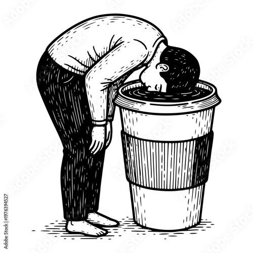 Man dipping his head into a giant paper coffee cup representing caffeine addiction vintage engraving style