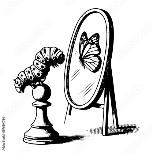 Caterpillar looking in mirror seeing butterfly reflection representing transformation and potential vintage engraving style