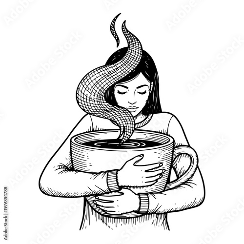 Woman hugging a giant cup of hot coffee representing comfort and caffeine addiction vintage engraving style