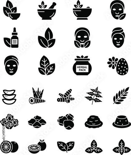 Natural skincare ingredients and organic beauty products vector icons set with eco friendly