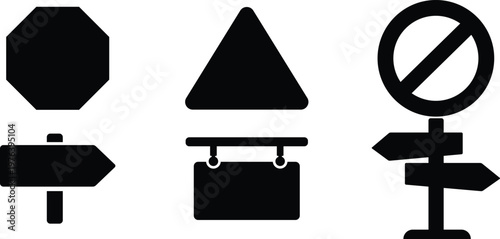 Traffic road signs and direction symbols icon set, Warning prohibition and directional signage silhouettes, Street regulation sign collection