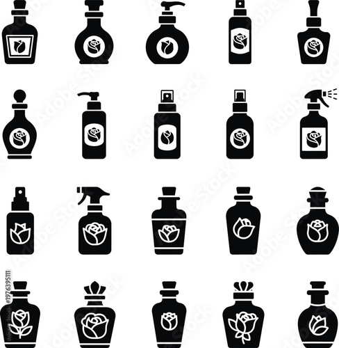 Perfume and fragrance bottle designs with scent spray vector icons set fragrance atomizer
