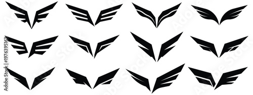 Wing logo shapes and flying emblem icon set, Abstract feather and bird wing silhouettes, Symmetrical flight symbol collection