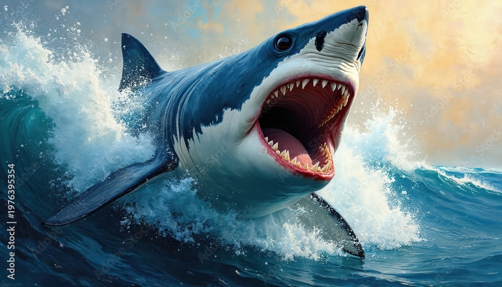 Obraz premium Great white emerges from blue ocean wave with mouth open. Powerful predator shows sharp teeth, splashing water around its body. Oceanic scene under cloudy sky.