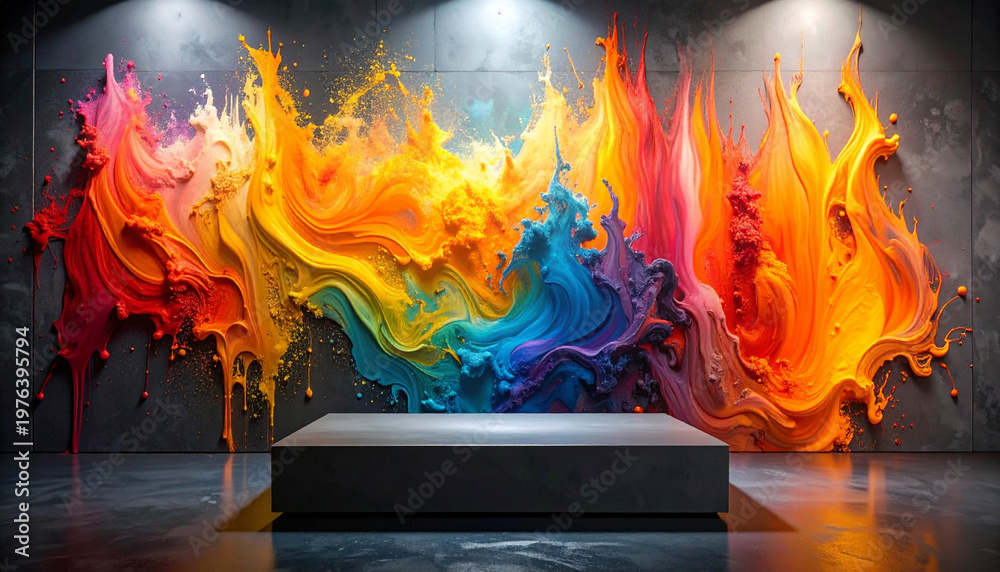 Obraz premium Modern art gallery studio background with thick colorful oil paint mural on wall and reflective floor for creative product mockup.