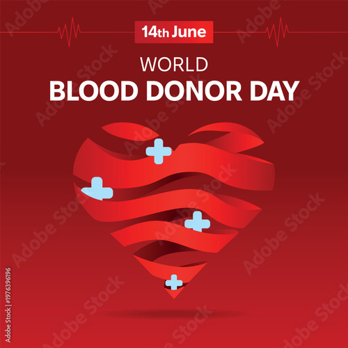 Modern vector banner template for World Blood Donor Day on June 14 featuring abstract red heart shape and heartbeat line, promoting blood donation awareness and healthcare support.