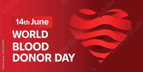 Modern vector banner template for World Blood Donor Day on June 14 featuring abstract red heart shape and heartbeat line, promoting blood donation awareness and healthcare support.