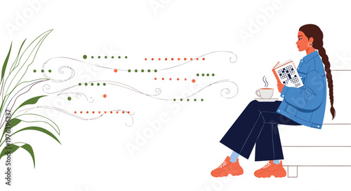 woman sitting on bench reading book, relaxed atmosphere, outdoor leisure, vector illustration