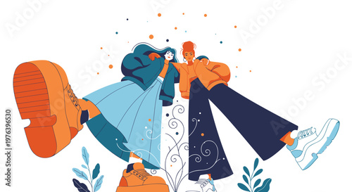 Vector illustration of people dancing, colorful abstract background, lively party scene, social gathering icons