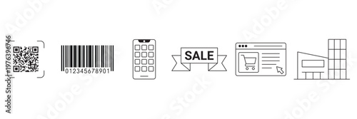 Shopping and retail icon set featuring qr code barcode smartphone sale banner website interface and building in outline vector illustration