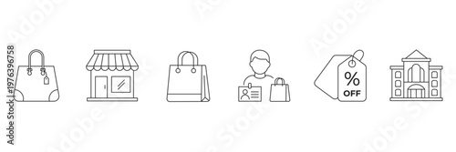 Retail and shopping icon set featuring storefront handbag paper bag customer price tag and boutique building in outline vector illustration