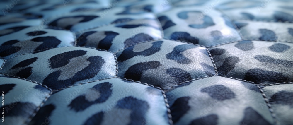 Fototapeta premium Close-up of a quilted blue leopard print leather texture with detailed stitching