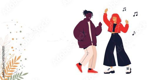 Colorful illustration of young adults dancing, music notes, fun lively scene, people having fun