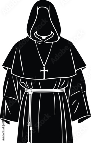 Monk in black hooded robe with cross necklace and belt.