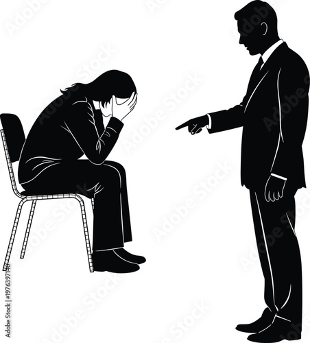 Man scolding upset woman sitting on chair, pointing finger aggressively at her in office.