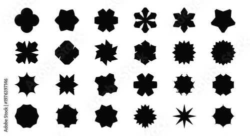 Set of Black Geometric Star and Flower Shapes Keywords: star, flower, shape, geometric, polygon