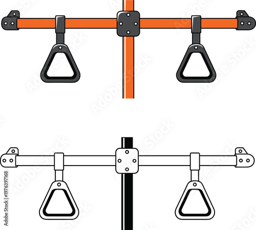 Public transport handrails for passengers to hold onto, safety grips on bus or train.