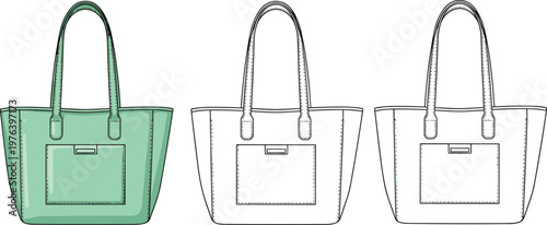 Tote bags in mint green, white and outline sketch, stylish handbags for women.