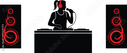 DJ playing music on turntables with headphones, surrounded by large speakers, party atmosphere.