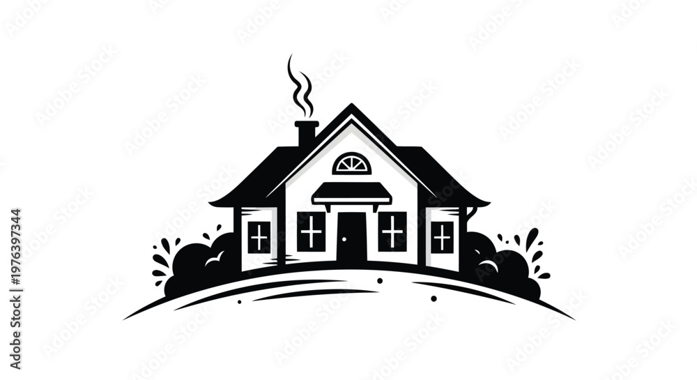 Fototapeta premium Stylized Black House with Smoking Chimney and Bushes Keywords: house, home, building