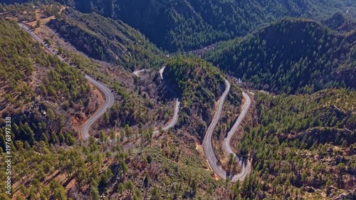 Winding switchback road of Arizona climbs through Oak Creek Canyon connecting Flagstaff and Sedona in Arizona