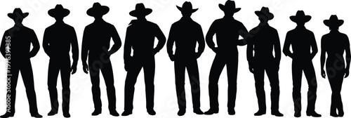 Cowboy silhouettes standing in row wearing hats isolated on white background, western culture ranch lifestyle concept vector illustration set