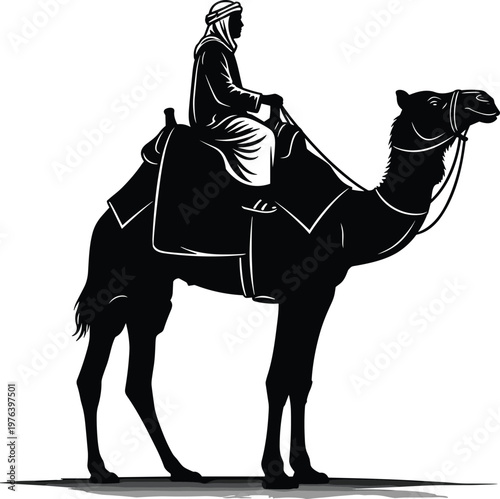 Silhouette of a man riding a camel in desert landscape.