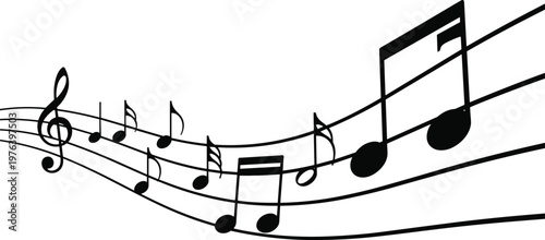 Musical notes and staff on a transparent background, black silhouette.