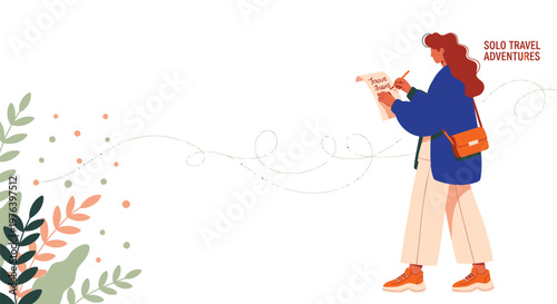 Travel, adventure, solo female, illustration, vector graphics, tourism, exploration, wanderlust