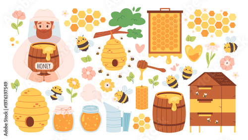 Cute beekeeping collection. Perfect for kids design, packaging, stickers, nursery decor, organic products branding and educational materials. Flat vector illustration
