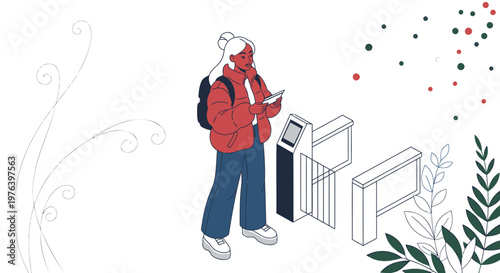 vector illustration, young traveler, backpacker, checking map, urban gate, decorative foliage