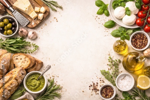 Italian food ingredients with bread and olive oil arranged as border on light background with copy space