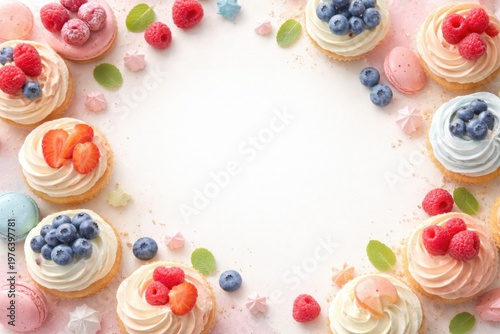 Colorful desserts and berries arranged as border on light pastel background with copy space
