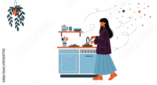 Woman cooking, kitchen vector, illustration, modern home, cooking activity