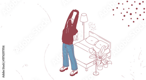 Vector illustration of a person stretching, minimalist bedroom background, red line art, simple home interior