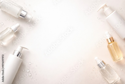 Skincare bottles arranged as border on light background with copy space