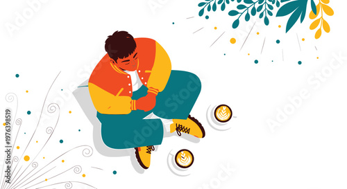 Flat design man sitting, holding coffee cup, modern illustration, colorful vector graphic