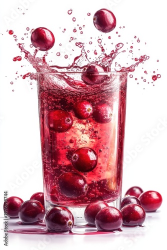 cranberry juice splash with fresh cranberries, isolated on white background