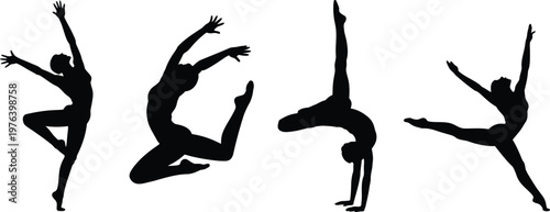 Gymnast silhouettes performing acrobatic poses isolated on white background, sport fitness flexibility training concept dynamic vector illustration collection set