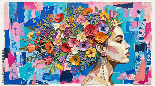 abstract contemporary art paper collage of female profile with many different flowers on blue and pink background