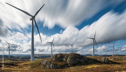 High-tech wind turbine farm with dynamic cloud movement.