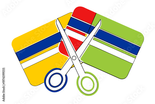 Scissors cutting a red, yellow, and green credit card. Credit card debt repayment and financial freedom concept. Flat vector illustration for personal finance