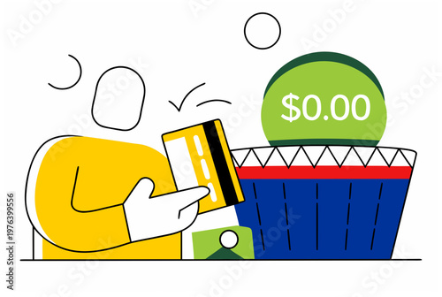 A person on a smartphone with scissors cutting through a subscription or digital cost. Financial behavior concept. Vector illustration for banner