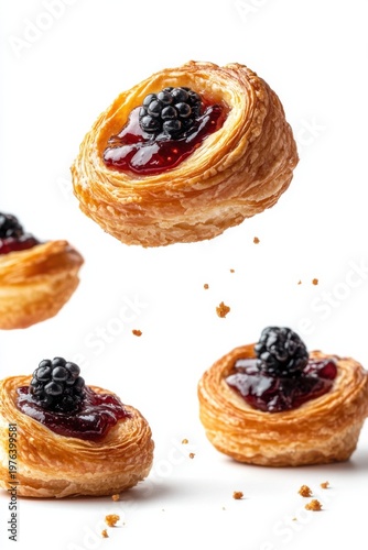 danish pastry flying with berry jam filling, isolated on white background