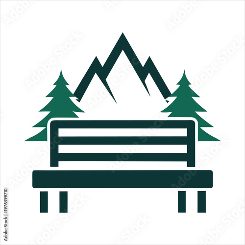 Outdoor Bench with Mountain Forest Icon Vector