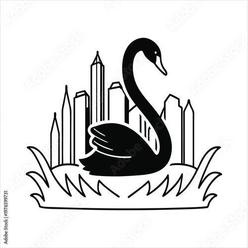 Swan and Cityscape Silhouette Logo Vector Art