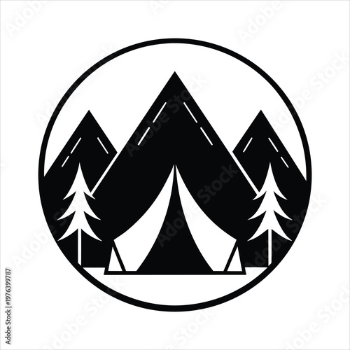 Mountain Camping Tent Pine Tree Icon Vector