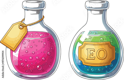 Colorful Potion Bottles with Labels and Bubbles Illustration for Magic, Chemistry, and Science Fiction Graphics