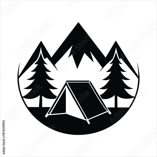 Camping Tent Mountain Forest Silhouette Vector