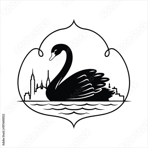 Black Swan City Skyline Silhouette Logo Vector